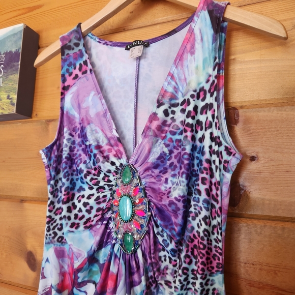 Venus 💜 Animal Floral V Neck Dress A Line Gathered Beaded Ruffle Stretch Medium - Picture 3 of 11